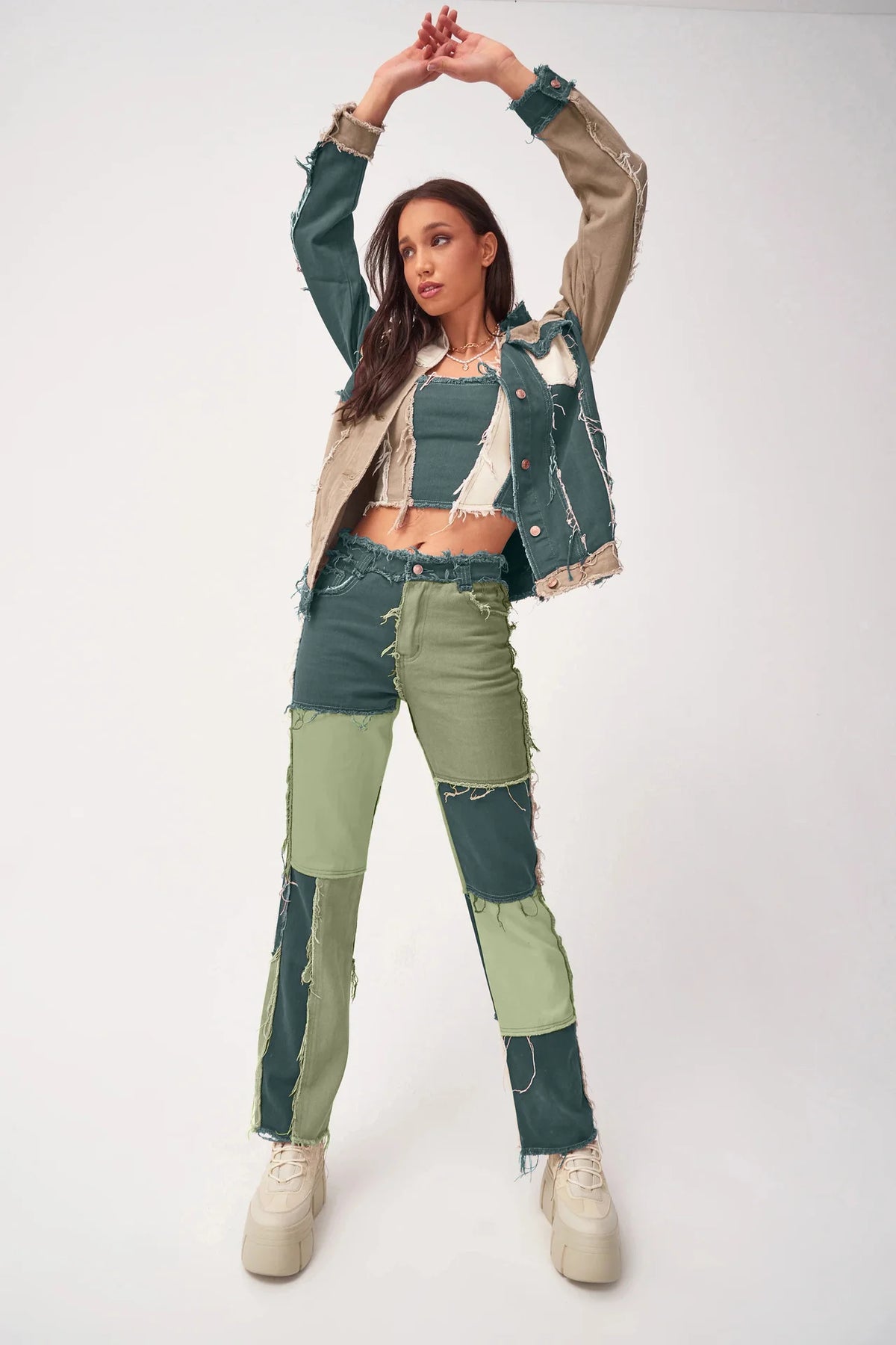 Slim Fit Straight Leg Mixed Panel Jeans Pants