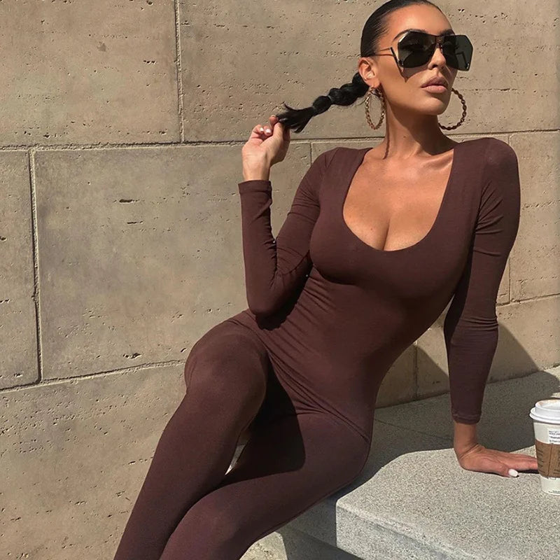 Low Necked Tight Long Sleeved High Waist Solid Color Sports Bodybuilding Jumpsuit