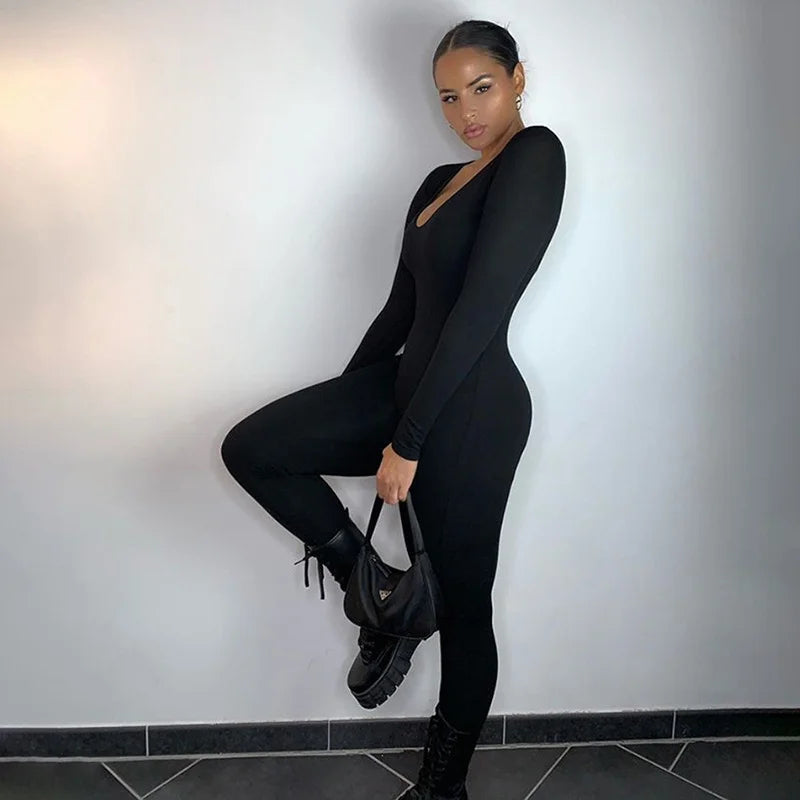Low Necked Tight Long Sleeved High Waist Solid Color Sports Bodybuilding Jumpsuit