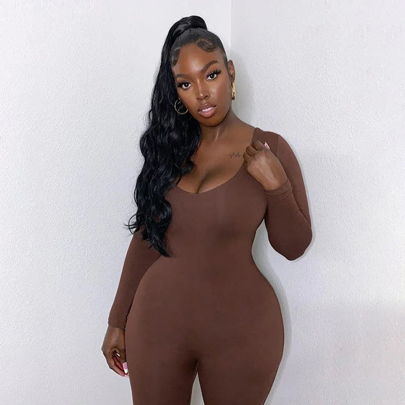 Low Necked Tight Long Sleeved High Waist Solid Color Sports Bodybuilding Jumpsuit