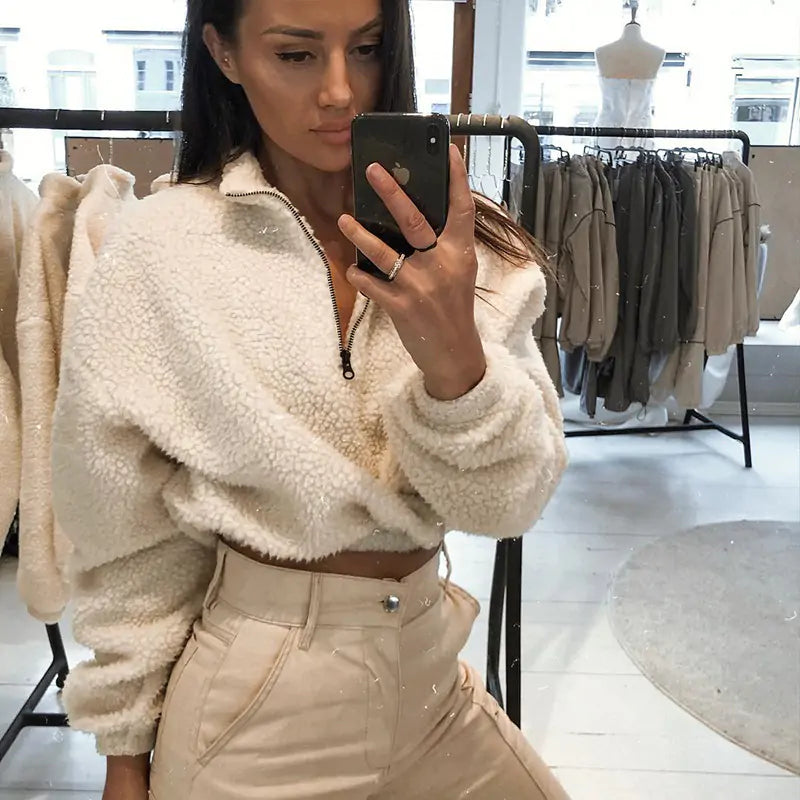 Long Sleeve Sweater With Plush And Zipper