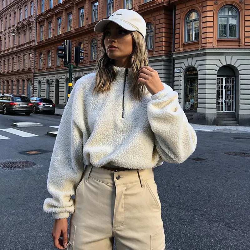 Long Sleeve Sweater With Plush And Zipper