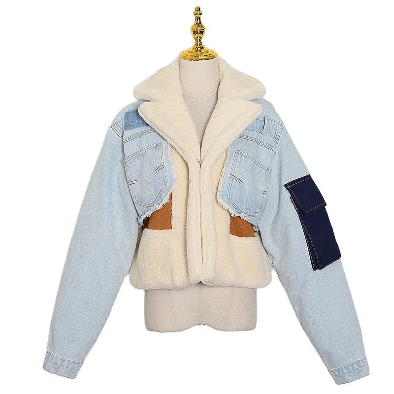 Lambswool Short Coat Women’s New Fashion Stitched Loose Thickened Casual Denim Top