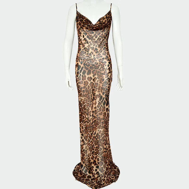 Straps Leak Back Leopard Print Dress Evening Dress
