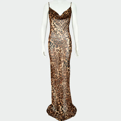 Straps Leak Back Leopard Print Dress Evening Dress