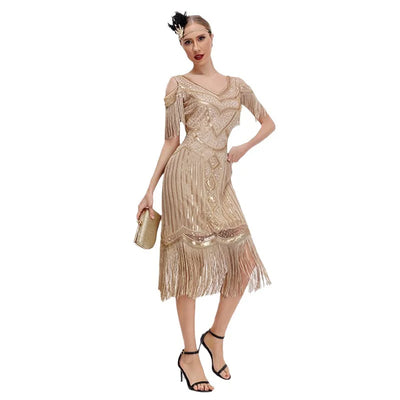 Long Vintage Sequin Evening Dress with Skirt and Fringes