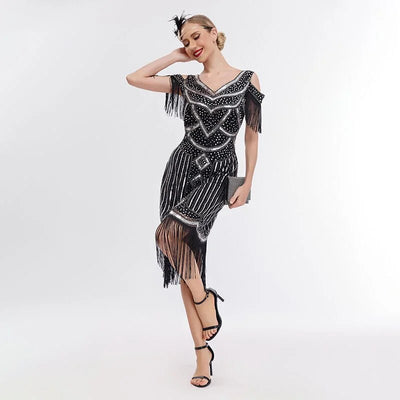 Long Vintage Sequin Evening Dress with Skirt and Fringes