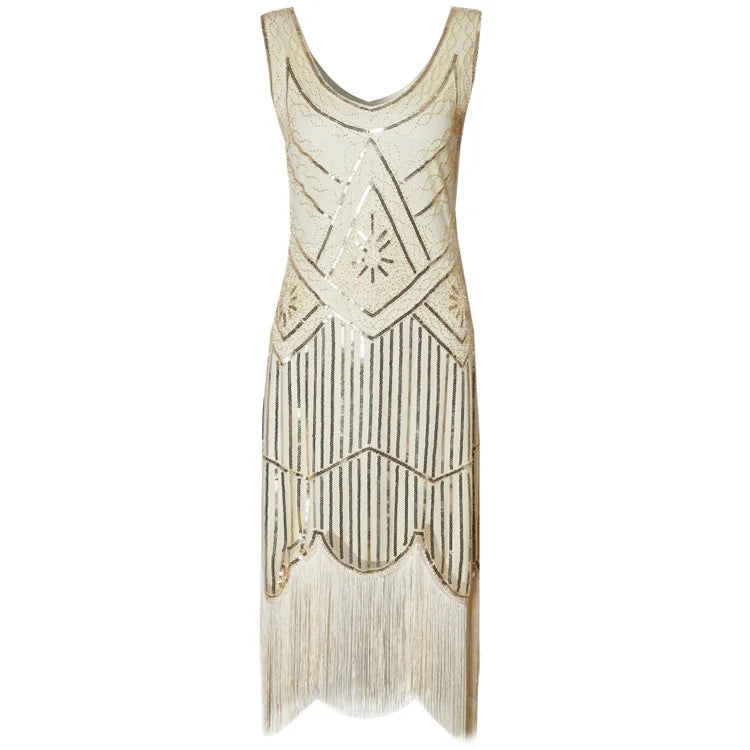 Vintage Sequined Gown Skirt Beaded Fringed Dress
