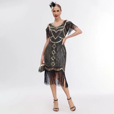 Long Vintage Sequin Evening Dress with Skirt and Fringes