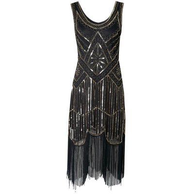 Vintage Sequined Gown Skirt Beaded Fringed Dress
