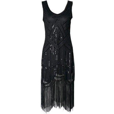 Vintage Sequined Gown Skirt Beaded Fringed Dress