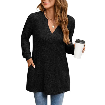 Long Knit Sleeve Solid Side Slit Loose Top With Pockets