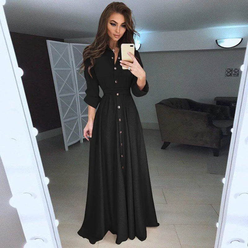 Chiffon Solid Color Long Sleeved Button Lace Up Dress