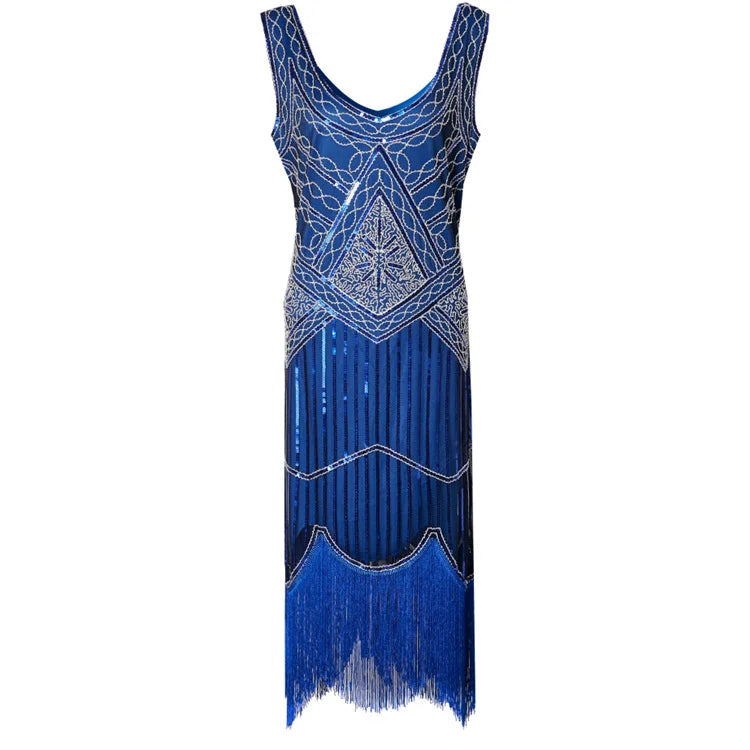 Vintage Sequined Gown Skirt Beaded Fringed Dress
