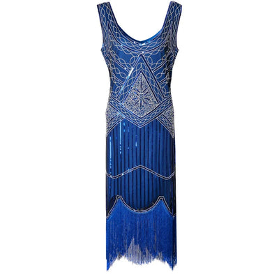 Vintage Sequined Gown Skirt Beaded Fringed Dress