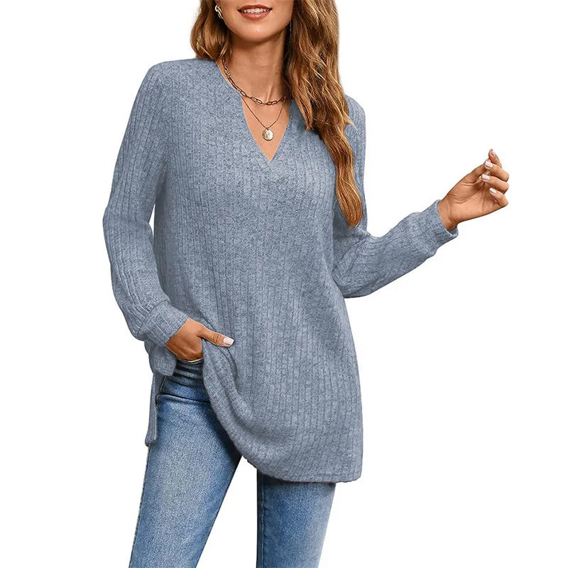 Long Knit Sleeve Solid Side Slit Loose Top With Pockets