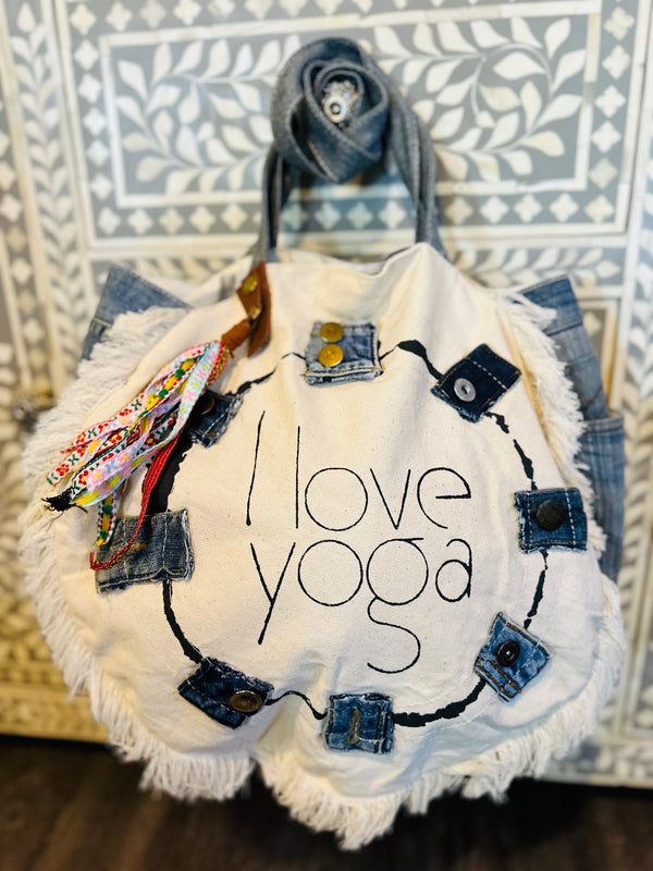 I love yoga round denim bag