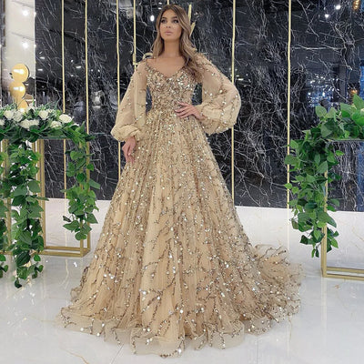 Gold Heavy Industry Beaded Luxurious Evening Dress