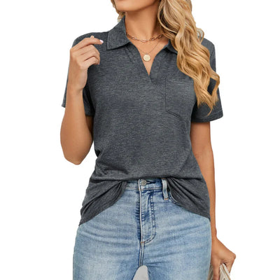 Pure Color Short Sleeve Lapel Pocket Loose T-Shirt Woman