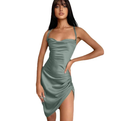 Bra Cut Open Pleated Backless Hollow Lace Up Dress