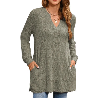 Long Knit Sleeve Solid Side Slit Loose Top With Pockets
