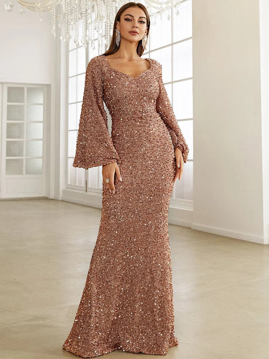 Long Evening Dress with V Neckline and Sequins on the Hip