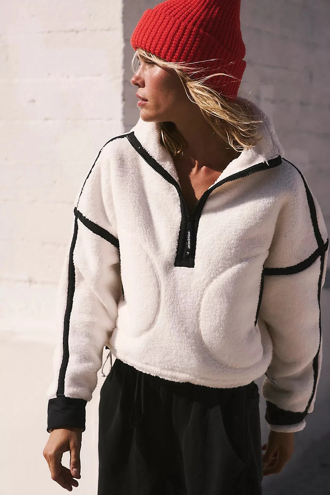 Cropped Drawstring Panel, Contrasting Shearling Jacket Women’s Loose Half Zip Pullover Plush Top