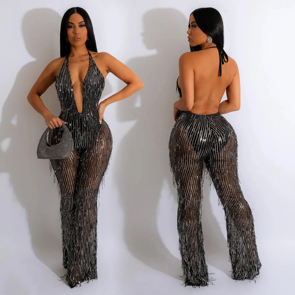 Transparent Mesh Sleeveless Long Pants Jumpsuit