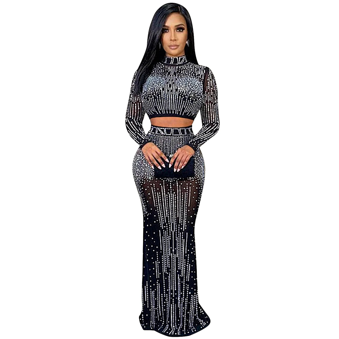 Mesh Perspective Long Sleeved Long Skirt