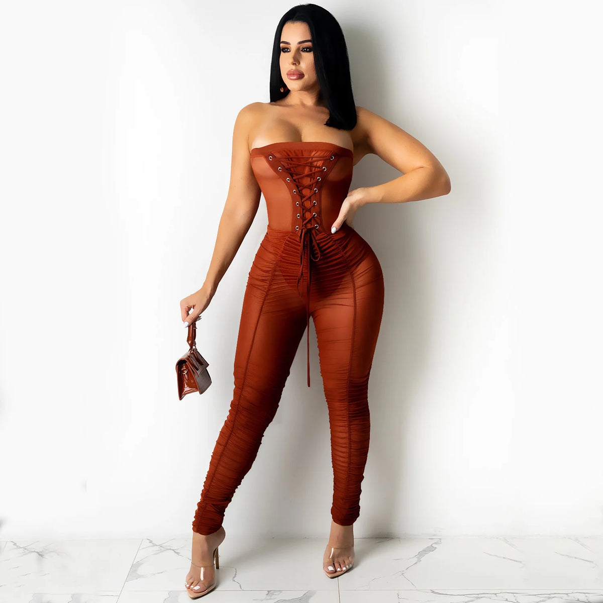 Jumpsuit With Sexy Perspective Wrapped With Long Pants