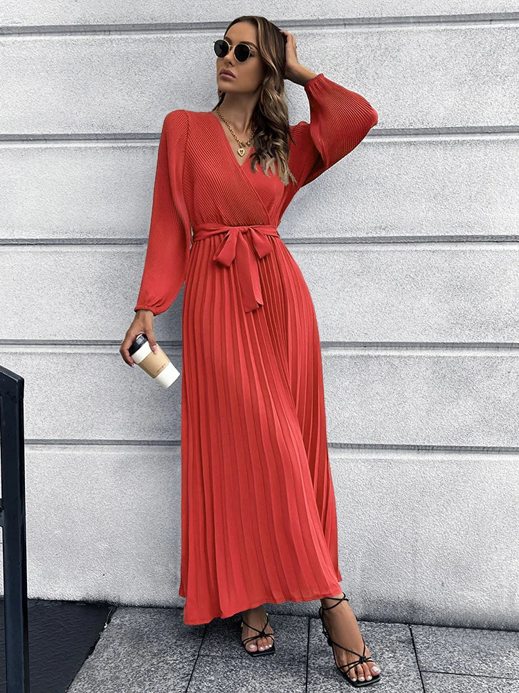 V Neck Long Sleeve Pleated Mid Length Dress