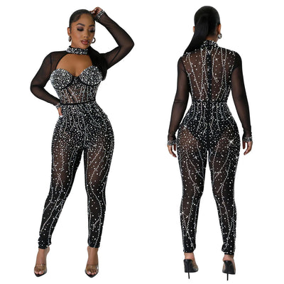 Long Sleeve Jumpsuit With Solid Color Diamonds
