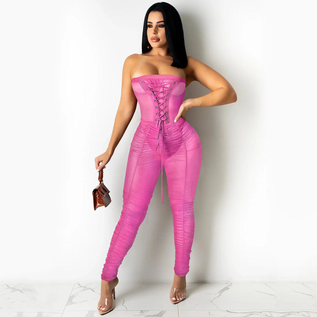Jumpsuit With Sexy Perspective Wrapped With Long Pants
