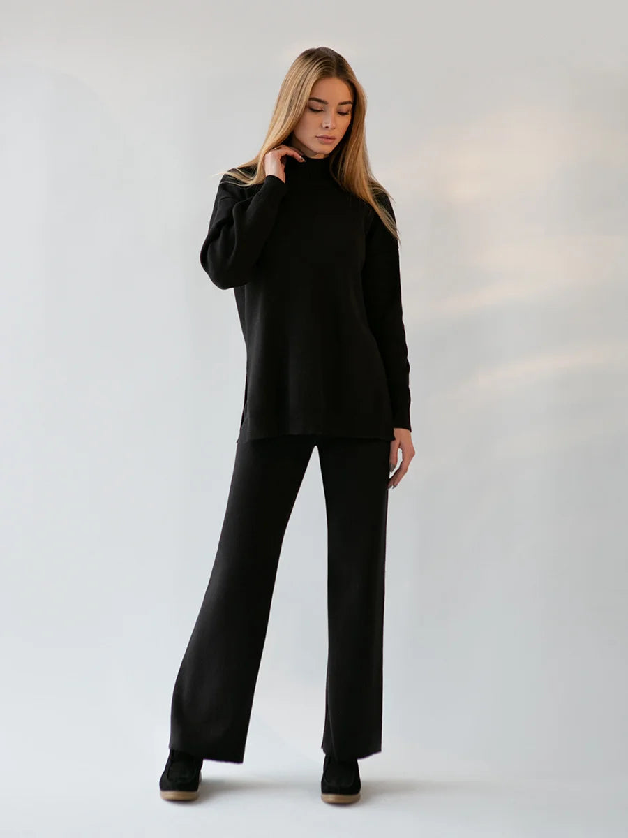 Pure Color Knitted High Neck Sweater Set With Slit