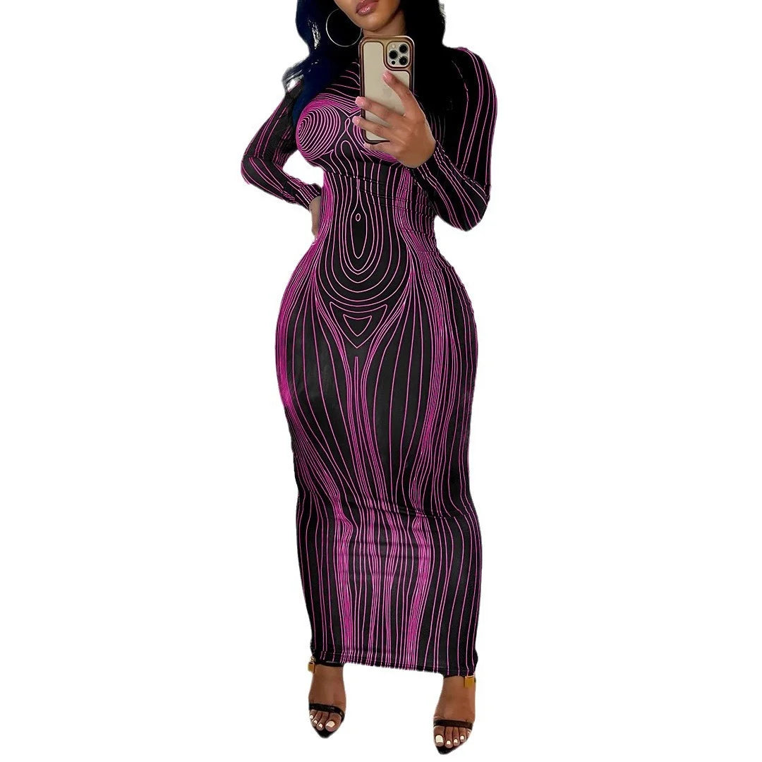 New Hip Skirt Long Sleeve Round Neck Fashion Print Slim Hip Bottom Dress