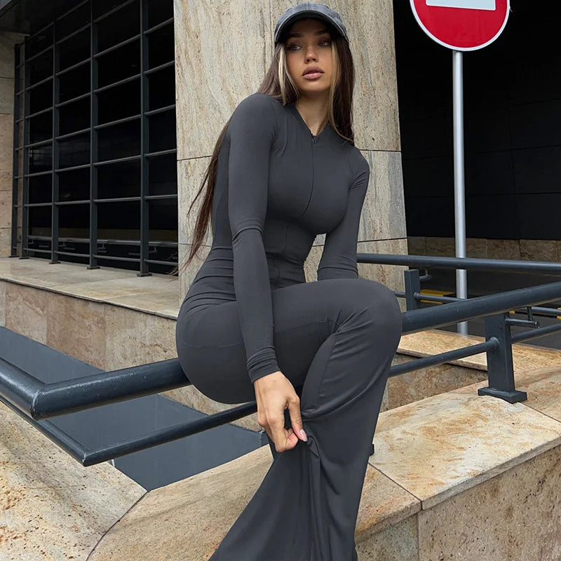Solid Color Skinny Zipper Sports Yoga Jumpsuit