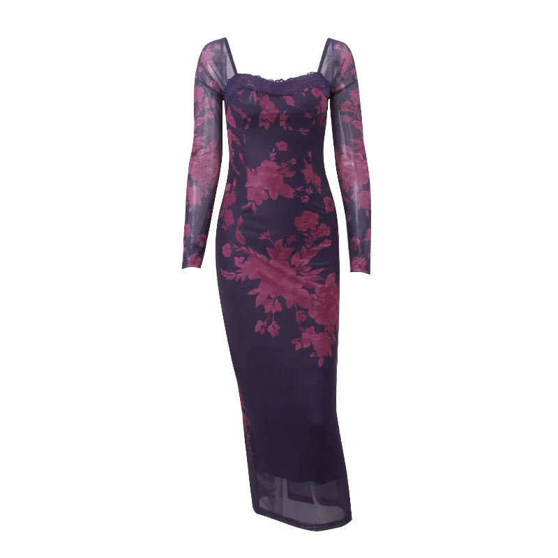 Sexy Long Dress With Slim Slit And Printed Lace