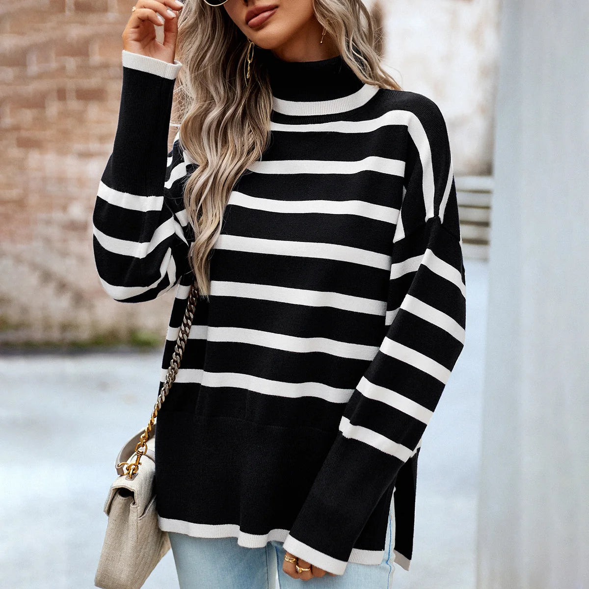 Diyun Striped Turtleneck Knit Top
