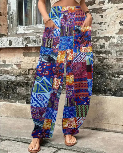 High Waisted Pocket Printed Long Pants and Wide Leg Pants