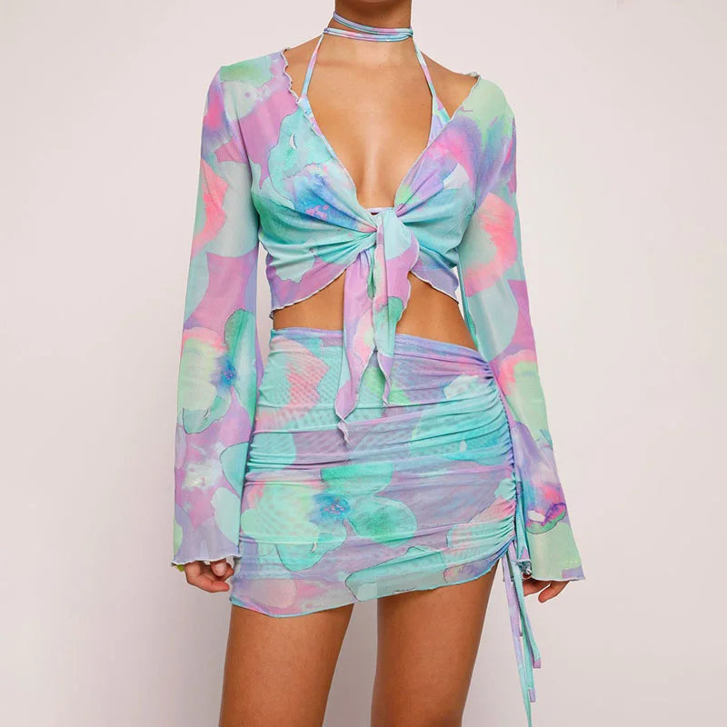 Short Skirt With Flared Sleeve Top