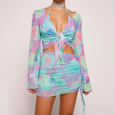Short Skirt With Flared Sleeve Top