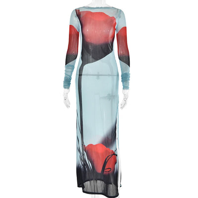 Printed Round Neck Dress Women Fashion Sexy Gauze Perspective Slit Skirt