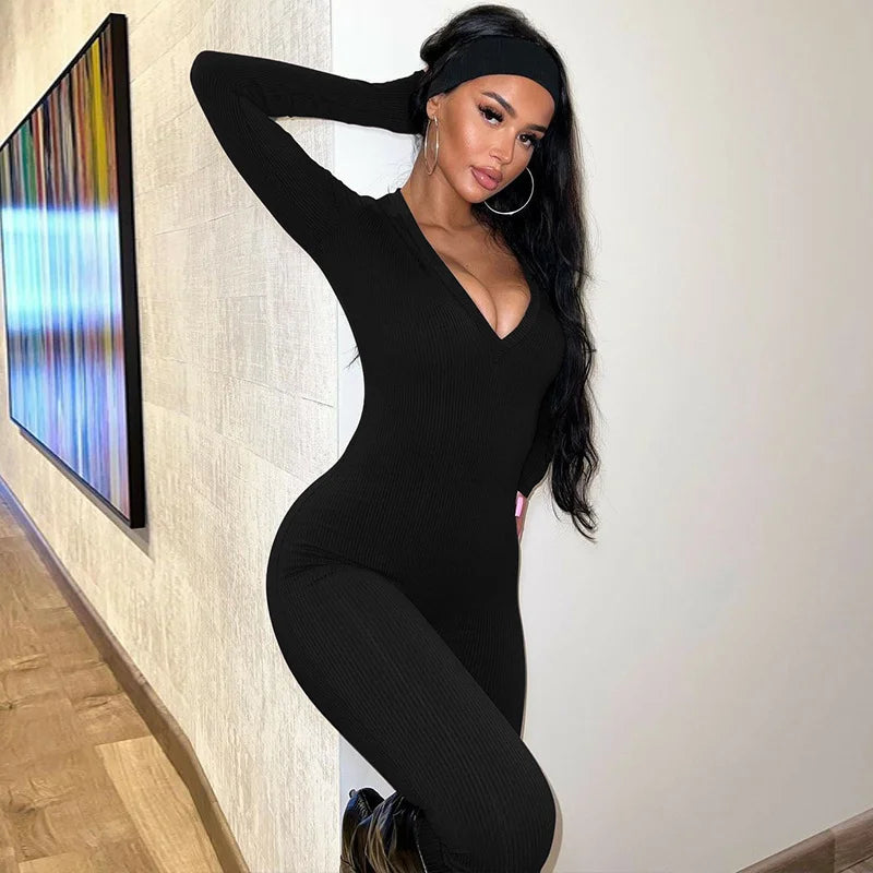 Solid Color Slim Fit Sports Long Sleeve Jumpsuit
