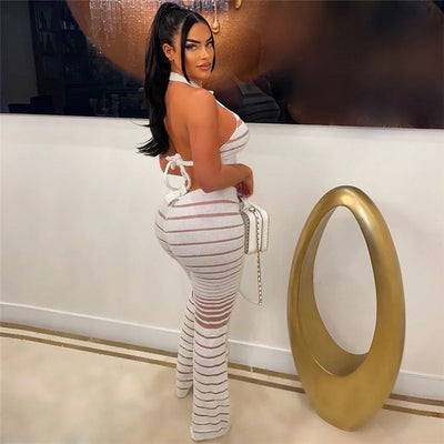 Transparent Striped Set With A Tie Back Top And Flared Pants