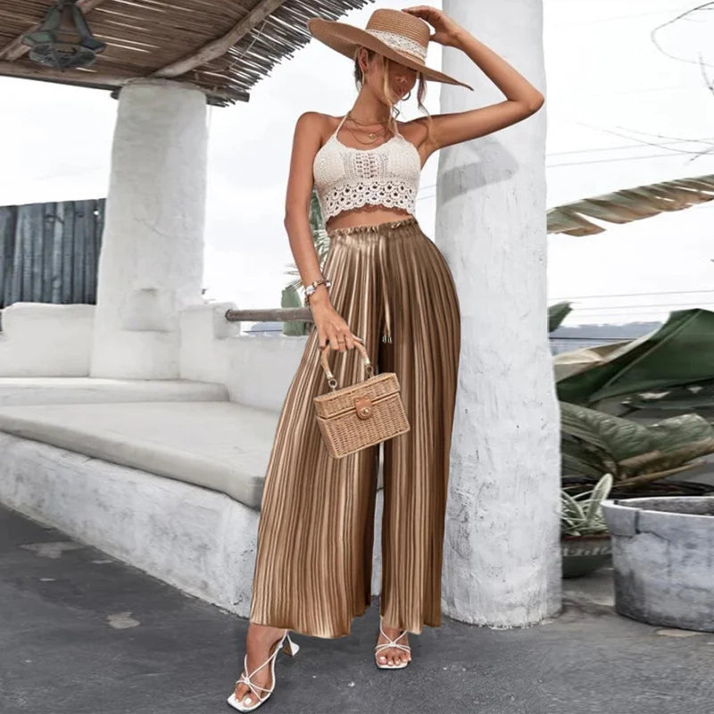 Draped Pleated Wide Leg Pants