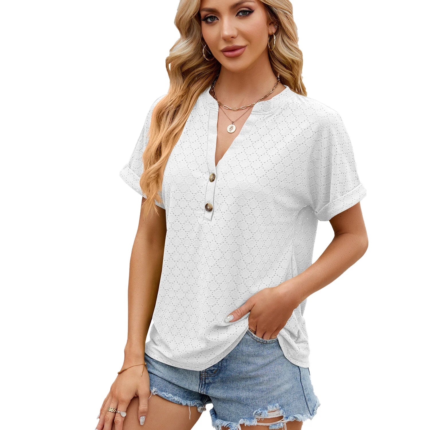 Loose Short Sleeve Button V Neck Blouse