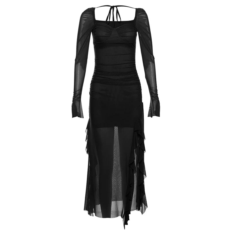 Solid Color Slim High Waist Fashion Square Neck Long Sleeve Mesh Dress