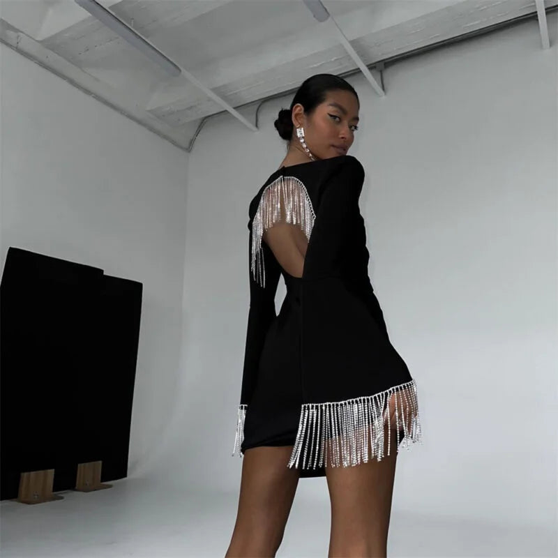 Long Hottie Cut-Out Open Back Tassel Dress Women’s U-Neckline Long Skirt