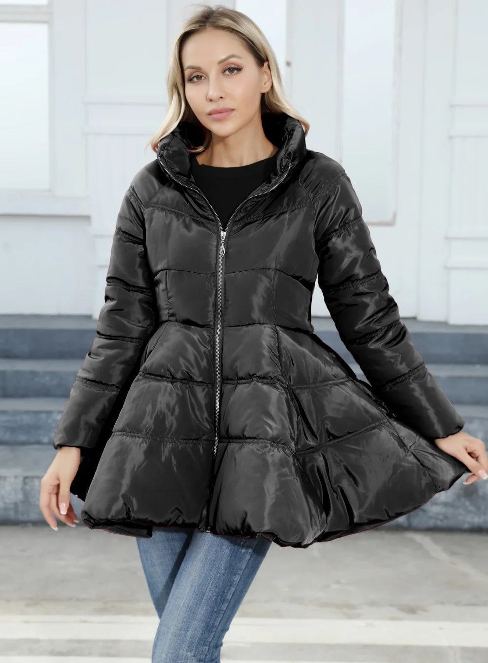 Slim Stand Up Collar Women’s Mid Length Padded Waist Cotton Jacket