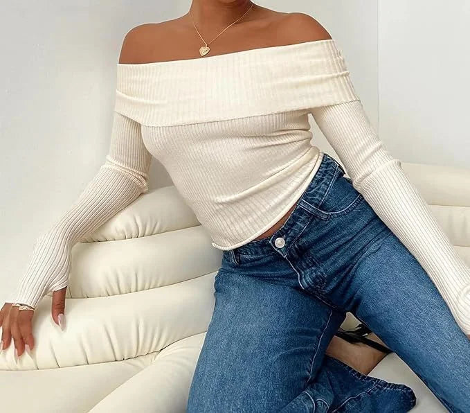 Women’s Long Sleeve Sweeter With Straight Shoulders Solid Color